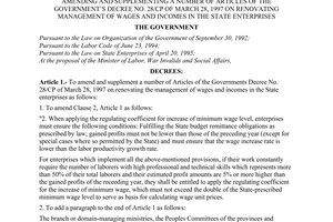 Decree of Government No.03/2001/ND-CP, amending and supplementing a number of articles of the Government's Decree No. 28/CP of March 28, 1997 on renovating management of wages and incomes in the state enterprises.