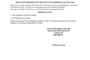 Order No.01/2001/L-CTN, promulgated by the President, for the Ordinance on Ha Noi Capital, the Ordinance on Library.