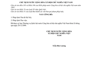 Lệnh  công bố Pháp lệnh Thủ đô Hà Nội; Pháp lệnh Thư viện 01/2001/L-CTN