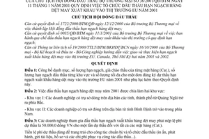 Quyết định 36/2001/QĐ-BTM tổ chức đấu thầu hạn ngạch hàng dệt may xuất khẩu vào thị trường EU năm 2001