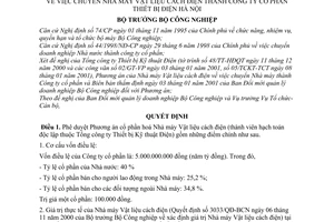 Quyết định 05/2001/QĐ-BCN chuyển Nhà máy Vật liệu cách điện thành Công ty cổ phần Thiết bị điện Hà Nội