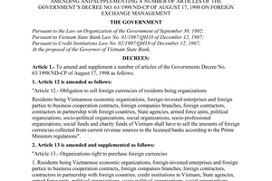 Decree of Government No.05/2001/ND-CP, amending and supplementing a number of articles of the Government's Decree No.63/1998/ND-CP of August 17, 1998 on foreign exchange management.