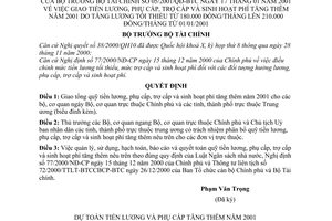 Quyết định 05/2001/QĐ-BTC giao tiền lương phụ trợ cấp sinh hoạt phí tăng thêm do lương tối thiểu từ 180.000 đồng lên 210.000 đ/tháng từ 01/01/2001