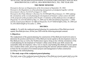 Decision No.12/2001/QD-TTg, ratifying the readjusted general planning for construction of Hoa Binh provincial capital, Hoa Binh province, till the year 2020, promulgated by the Prime Minister of Government.