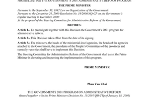 Decision No.13/2001/QD-TTg, promulgated by the Prime Minister of Government for the Government's 2001 administrative reform program.