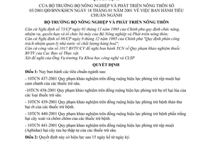 Quyết định 03/2001/QĐ/BNN/KHCN tiêu chuẩn ngành 10TCN 437-2001  10TCN 438-2001  10TCN 439-2001  10TCN 440-2001 10TCN 441-2001
