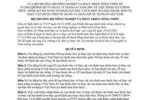 Quyết định 07/2001/QĐ/BNN-BVTV đăng ký chính thức, bổ sung  đặc cách  thuốc bảo vệ thực vật được phép sử dụng ở việt nam