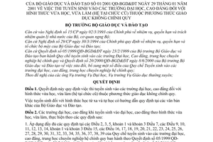 Quyết định 01/2001/QĐ-BGDĐDT tuyển sinh vào trường đại học, cao đẳng  hình thức vừa học làm (hệ tại chức cũ) thuộc giáo dục không thường xuyên