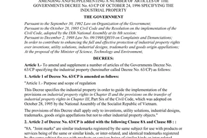 Decree of Government No.06/2001/ND-CP, amending and supplementing a number of articles of the Government's Decree No. 63/CP of October 24, 1996 specifying the industrial property.
