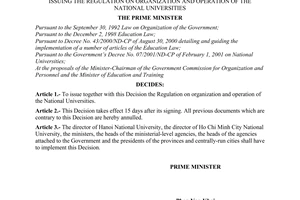 Decision No.16/2001/QD-TTg, issued by the Prime Minister of Government for the regulation on organization and operation of the national universities.