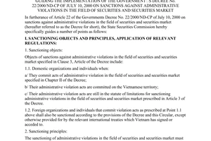 Circular No.01/2001/TT-UBCK, promulgated by the State Securities Commission, guiding the implementation of the Government's Decree No.22/2000/ND-CP of July 10, 2000 on sanctions against administrative violations in the field of securities and securities market.