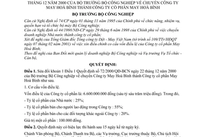 Quyết định 08/2001/QĐ-BCN chuyển Công ty May Hoà Bình thành Công ty cổ phần May Hoà Bình sửa đổi Quyết định 72/2000/QĐ-BCN