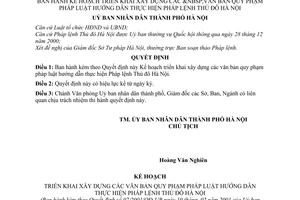 Quyết định 07/2001/QĐ-UB kế hoạch triển khai xây dựng các văn bản pháp luật hướng dẫn thực hiện pháp lệnh Thủ đô Hà nội