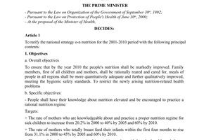 Decision No.21/2001/QD-TTg, approving the national strategy on nutrition for the period 2001-2010, promulgated by the Prime Minister of Government.