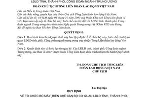 Quyết định 293/2001/QĐ-TLĐ  tổ chức bộ máy biên chế cán bộ cơ quan liên đoàn lao động tỉnh thành phố Công đoàn ngành Trung ương