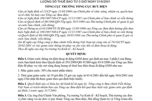 Quyết định 126/2001/QĐ-TCBĐ giảm cước điện thoại di động GSM phục vụ việc mở rộng dung lượng số thuê bao từ 0 giờ ngày 01/6/2001