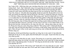 Chỉ thị 01/2001/CT-UB đẩy mạnh phong trào trồng cây gây rừng kỷ niệm ngày sinh Bác Hồ 19/5 tổ chức Hội thi Môi trường Xanh- Sạch-Đẹp từ năm 2001-2005