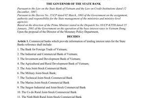 Decision No. 153/2001/QD-NHNN of February 27, 2001, on the provision by commercial banks of information of lending interest rates for the state banks reference