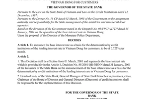 Decision No. 154/2001/QD-NHNN of  February 27, 2001, on the announcement of the base interest rate as a basis for the determination by credit institutions of the lending interest rate in Vietnam Dong for customers