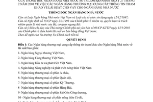 Quyết định 153/2001/QĐ-NHNN  ngân hàng thương mại cung cấp thông tin tham khảo lãi suất cho vay cho Ngân hàng Nhà nước