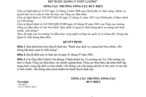 Quyết định 144/2001/QĐ-TCBĐ "Danh mục dịch vụ, mạng lưới bưu chính, viễn thông bắt buộc quản lý chất lượng"