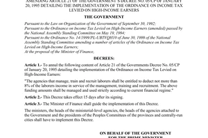 Decree of Government No.09/2001/ND-CP, amending article 21 of the Government's Decree No.05/CP of January 20, 1995 detailing the implementation of the Ordinance on income tax levied on high-income earners.