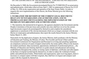 Dirrective No.01/2001/CT-TTg, promulgated by the Prime Minister of Government, on the enforcement of the Government's Decree on notarization and authentication.