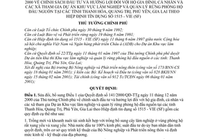 Quyết định 28/2001/QĐ-TTg chính sách đầu tư hưởng lợi cá nhân xã dự án khu vực lâm nghiệp quản lý rừng phòng hộ đầu nguồn sửa đổi QĐ 141/2000/QĐ-TTg