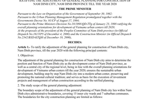 Decision No. 31/2001/QD-TTg, ratifying the adjustment of general planning for construction of Nam Dinh city, Nam Dinh province till the year 2020, promulgated by the Prime Minister of Government.