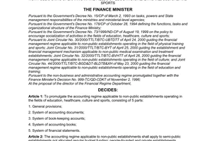 Decision No.12/2001/QD-BTC of the Finance Minister, promulgating the accounting regime applicable to non-public units operating in the fields of education, healthcare, culture and sports.