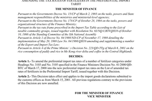 Decision No.11/2001/QD-BTC, promulgated by the Ministry of Finance, amending the tax rates of fertilizers in the Preferential Import Tariff.