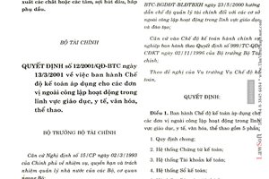 Quyết định 12/2001/QĐ-BTC chế độ kế toán áp dụng cho đơn vị ngoài công lập hoạt động trong giáo dục y tế văn hoá thể thao