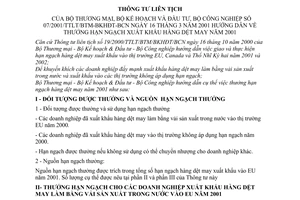 Thông tư liên tịch 07/2001/TTLT-BTM-BKHĐT-BCN hướng dẫn hưởng hạn ngạch xuất khẩu hàng dệt may năm 2001