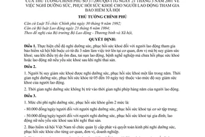 Quyết định 37/2001/QĐ-TTg  nghỉ dưỡng sức, phục hồi sức khoẻ cho người lao động tham gia bảo hiểm xã hội