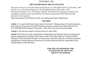 Decision No. 224/2001/QD-NHNN of March 23, 2001, on the cancellation the balance sheet of credit institutions issued in conjunction with the Decision No. 435/1998/QD-NHNN2 dated 25 December, 1998.