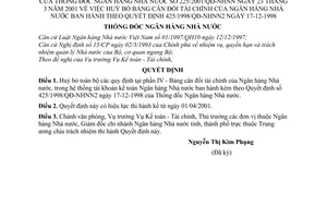 Quyết định 225/2001/QĐ-NHNN huỷ bỏ bảng cân đối tài chính của Ngân hàng Nhà nước ban hành theo Quyết định 425/1998/QĐ-NHNN2