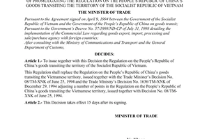 Decision No. 305/2001/QD-BTM of March 26, 2001 Promulgating the Regulation on the People's Republic of China's goods transiting the territory of The Socialist Republic of Vietnam.