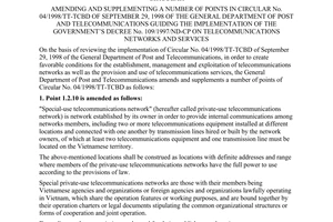 Circular No. 01/2001/TT-TCBD, promulgated by the Genaral Department of Post and Telecomunications, amending and supplementing a number of points in Circular No. 04/1998/TT-TCBD of September 29, 1998 of the General Department of Post and Telecommunications guiding the implementation of the Government' s Decree No. 109/1997/ND-CP on telecommunications networks and services.