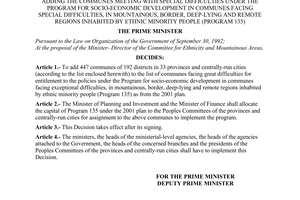 Decision No.42/2001/QD-TTg, promulgated by the Prime Minister of Government, adding the communes meeting with special difficulties under the Program for socio-economic development in communes facing special difficulties, in mountainous, border, deep-lying and remote regions inhabited by ethnic minority people (Program 135).