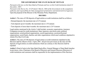 Decision No. 238/2001/QD-NHNN of March 28, 2001, on the adjustment of the maximum rates of US$ deposits of legal entities at credit institutions