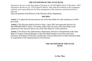 Decision No. 242/2001/QD-NHNN of March 29, 2001, on the discount interest rate of the State Bank for credit institutions