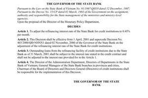 Decision No. 243/2001/QD-NHNN of March 29, 2001, on the adjustment of the refinancing interest rate of the State Bank for credit institutions