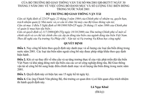 Quyết định 906/2001/QĐ-BGTVT công bố danh mục số lượng tàu biển đóng trong nước năm 2001