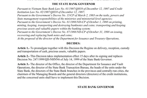 Decision No. 269/2001/QD-NHNN of the State Bank, promulgating the regime of delivery, reception, custody and transportation of cash, precious assets, valuable papers