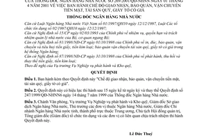 Quyết định 269/2001/QĐ-NHNN chế độ giao nhận, bảo quản, vận chuyển tiền mặt, tài sản quí, giấy tờ có giá