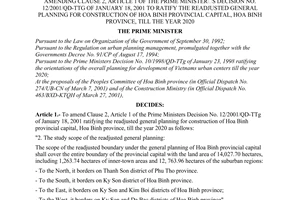 Decision No. 45/2001/QD-TTg of April 3, 2001 amending clause 2, article 1 of The Prime Minister’s Decision No. 12/2001/QD-TTg of January 18, 2001 to ratify the readjusted general planning for construction of Hoa Binh provincial capital, Hoa Binh province, till the year 2020