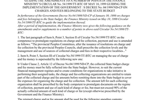 Circular no. 21/2001/TT-BTC of April 3, 2001 promulgated by The Ministry of Finance, guiding the amendments to a number of points in The Finance Ministry’s Circular no. 54/1999/TT-BTC of May 10, 1999 guiding the implementation of The Government’s Decree no. 04/1999/ND-CP on charges and fees belonging to the state budget