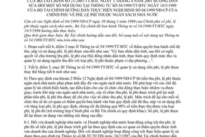 Thông tư 21/2001/TT-BTC phí, lệ phí thuộc ngân sách Nhà nước hướng dẫn nội dung tại Thông tư 54/1999/TT-BTC