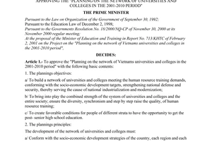 Decision No. 47/2001/QD-TTg of April 4, 2001 promulgated by The Prime Minister of Government approving the "planning on the network of universities and colleges in the 2001-2010 period"