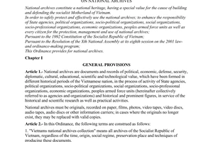Ordinance No. 34/2001/PL-UBTVQH10, on national archives, promulgated by the Standing Committee of National Assembly.